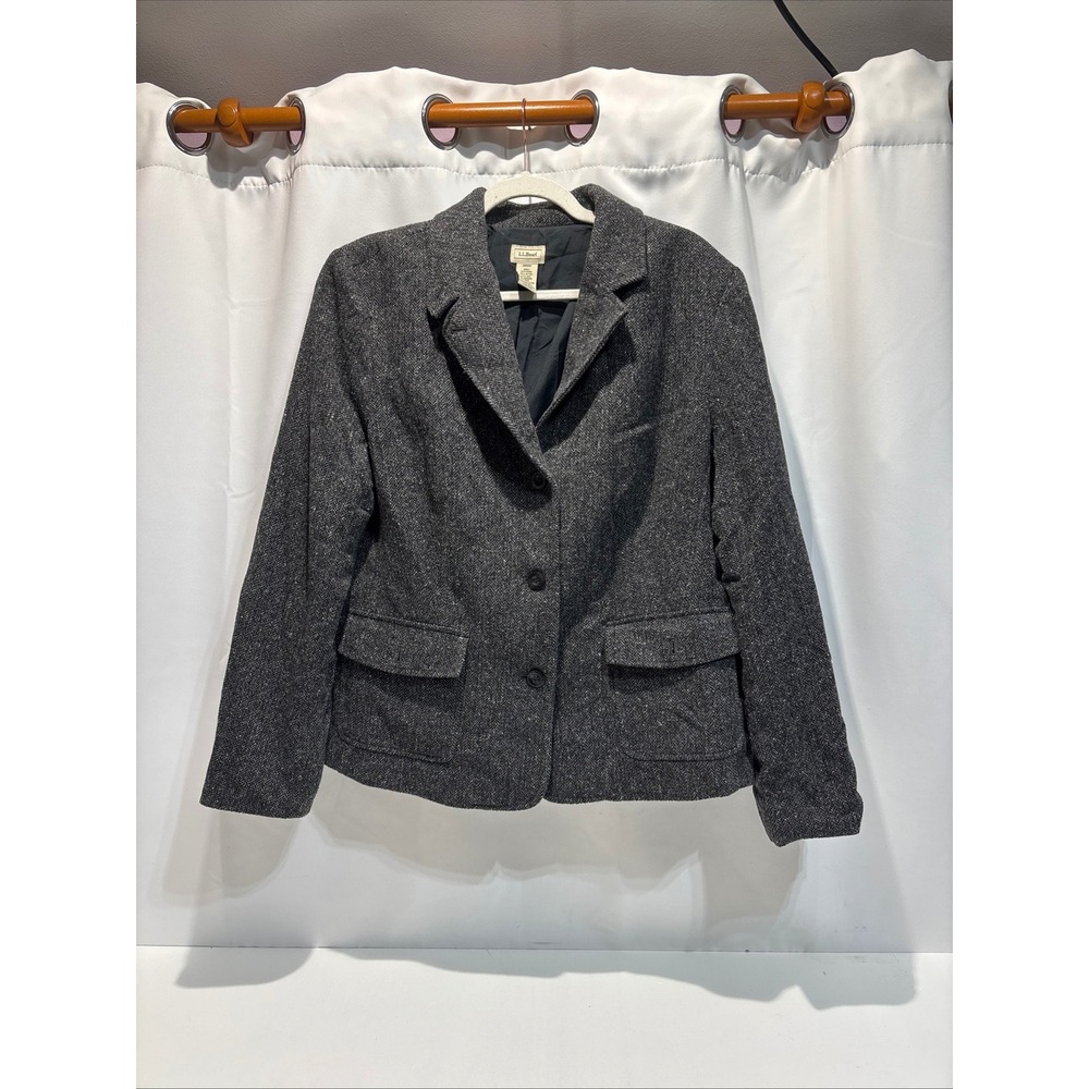 VTG LL Bean Blazer Jacket Women XL Grey Herringbone Wool Silk Blend academic